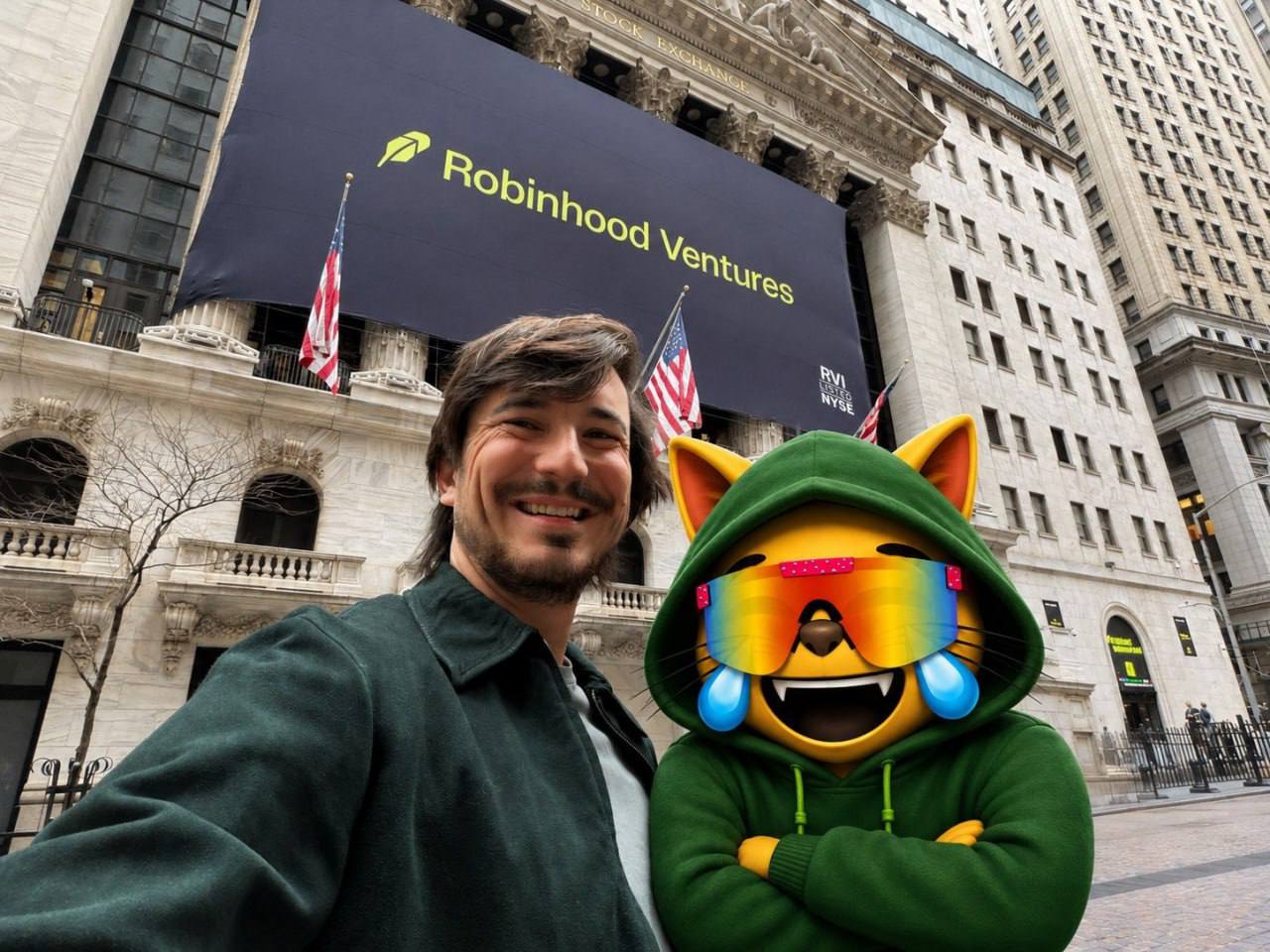 Mog in Hood mascot posing outside the stock exchange