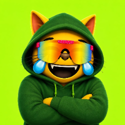 Mog in Hood cat mascot wearing a green hoodie and rainbow visor